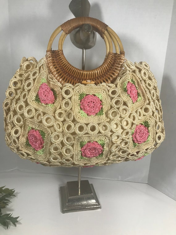 Vintage crochet handbag purse, wood and floral cro