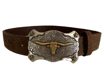 Vintage Nocona Leather Belt Size 32 Made in Texas Western Engraved Buckle Brown Nocona texas western belt - Gem main image 2