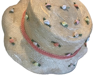 Vintage 60s Reynada Hats by Karilyn Fontanelle straw hat, Vintage 1960s Fontanelle rosette floral straw spring hat, Vintage straw floral hat