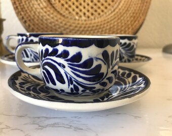 Vintage Anfora Pottery Demitasse cup and saucer blue dove bird Pintado A Mano, Vintage Anfora hand painted pottery Mexico cup and saucer