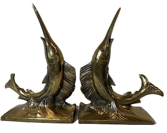 Vintage Heavy Brass Swordfish Bookends | Gold Tone Nautical Décor | Coastal Hollywood Regency Style.