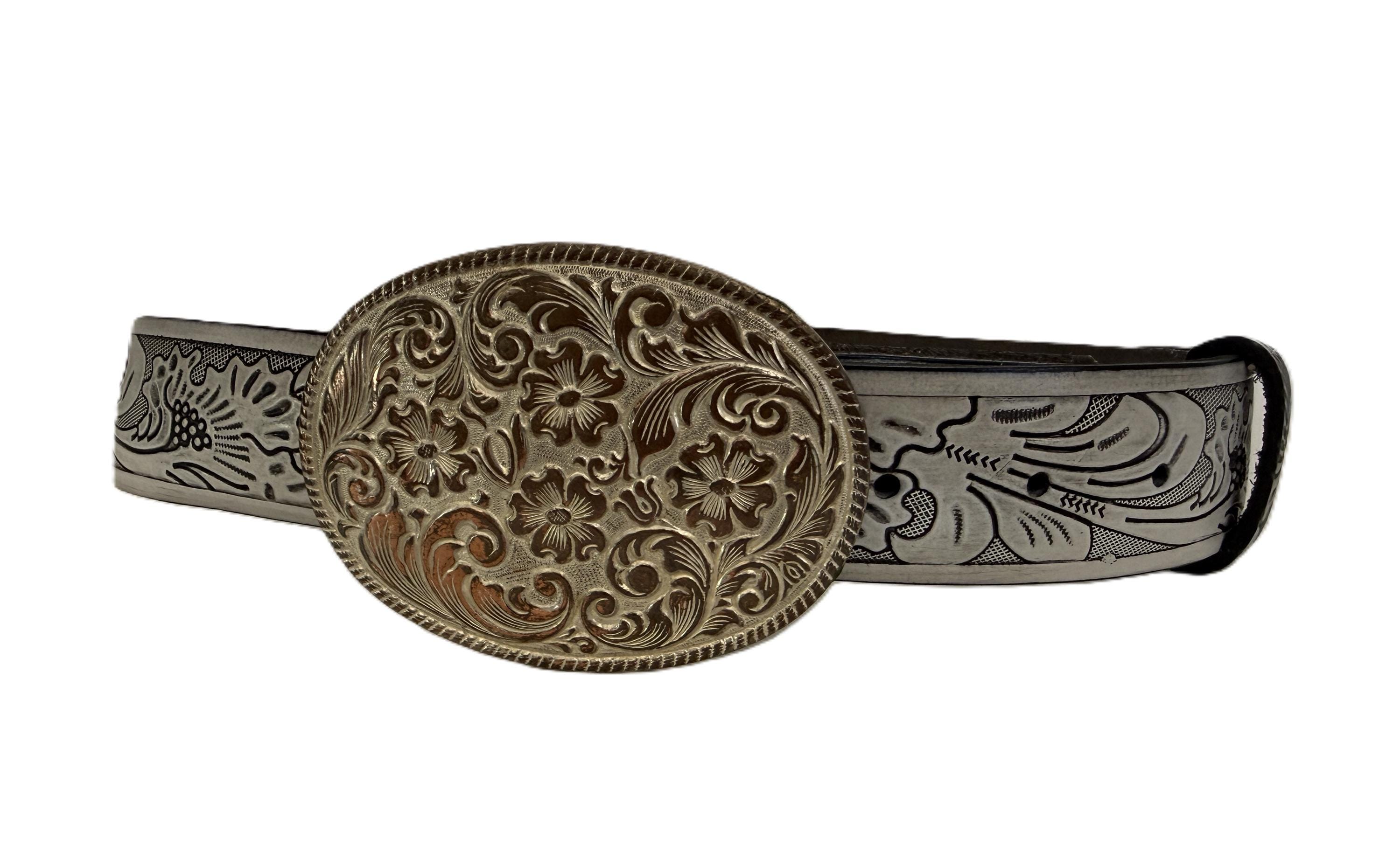 Vintage Western Engraved Silverplate Buckle Belt, Blue Grey Tooled