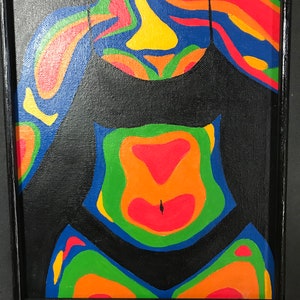 May include: Abstract painting of a person's body in a black swimsuit, with a thermal imaging color palette of red, orange, yellow, green, and blue.