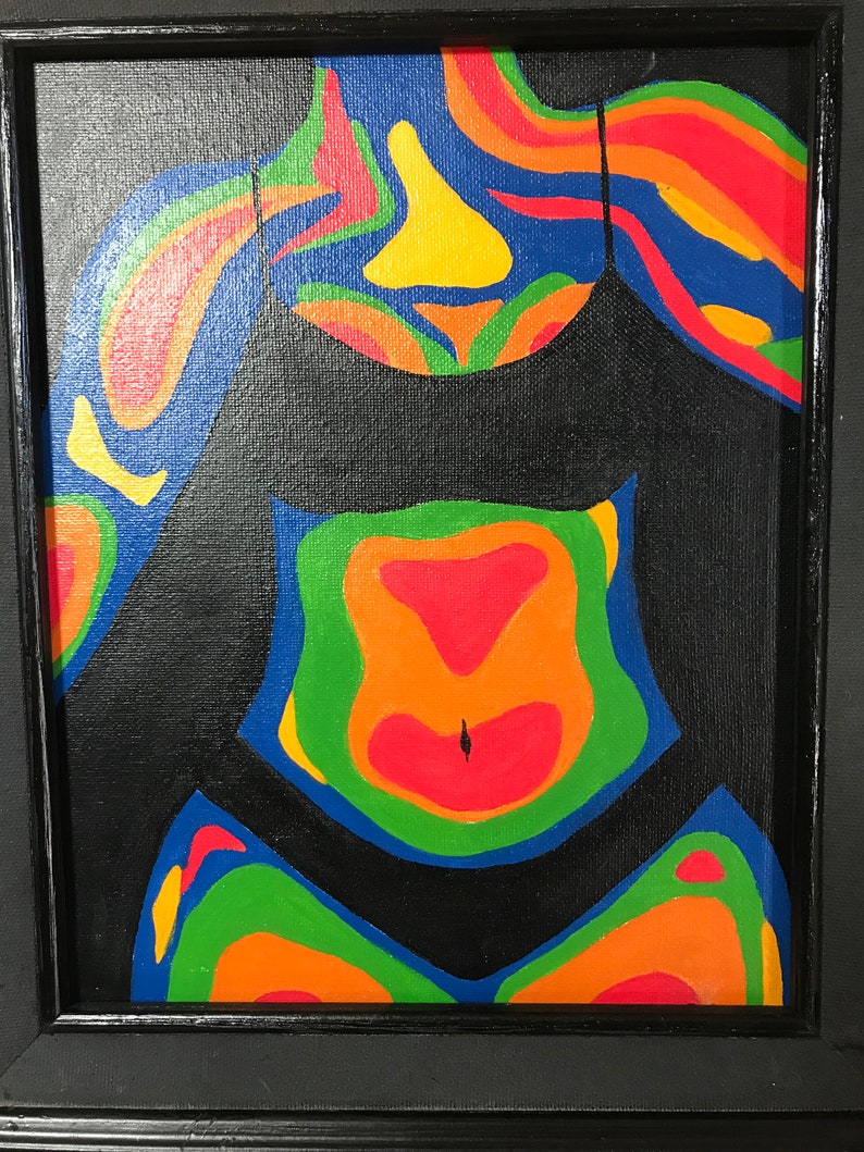 May include: Abstract painting of a person's body in a black swimsuit, with a thermal imaging color palette of red, orange, yellow, green, and blue.