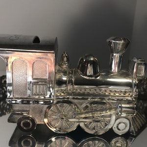 Vintage silver plate train piggy bank personalized for Griffin, Vintage silver plate choo choo train piggy bank engraved for Griffin