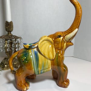 Vintage Colorful Glazed Elephant Statue – Mid-Century Pottery Trunk Up Figurine, Yellow Ceramic Elephant Sculpture, Good Luck Elephant Decor