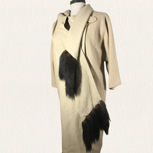 Vintage 1960s long wool coat, Vtg 1960s Jackie O style long wrap coat, Vtg 60s knee length wrap with racoon fur trim and mod button detail.