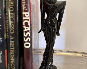Vintage Black Gloss Cubist Woman Figurine, Modernist Ceramic Sculpture, Mid Century Style Female Statue, Made in Taiwan
