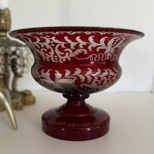 Vintage Ruby Red Cut to Clear Glass Compote, Etched Pedestal Bowl, Decorative Footed Glass Dish