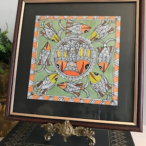 Sri Lanka hand painted 10x10 wall art, Sri Lanka hand painted fish design boho framed wall decor, Bohemian artsy small painting on fabric