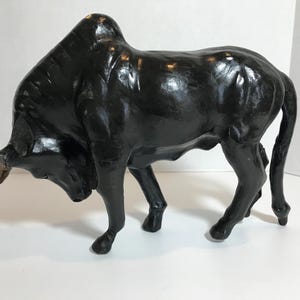 Vintage leather black bull statue, Vintage distressed leather wrapped bull statue sculpture, Bull figurine, black bull decor, bull statue