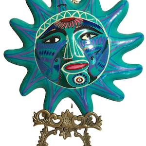 Arte popular mexicano vintage, cerámica pintada a mano, arte de pared con forma de sol, cerámica de terracota colorida de México vintage, decoración de pared pintada a mano, cerámica artística