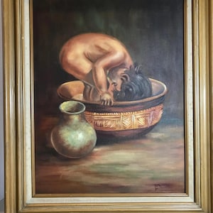 Vintage Southwestern Original Painting “Bottom’s Up”, Signed Child Bathing Scene, Native American-Style Art on Canvas, Cultural Decor 19x23