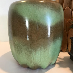 Vintage Frankoma signed green ceramic vase, Vintage Frankoma pottery glazed large planter, Frankoma green and brown midcentury ceramic vase