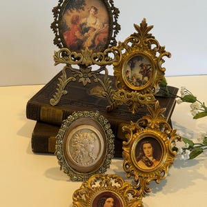 Set of 5 Vintage Framed Miniature Art, Syroco Chalkware & Metal Frames, Victorian Style Small Portraits, Petite Wall or Shelf Decor