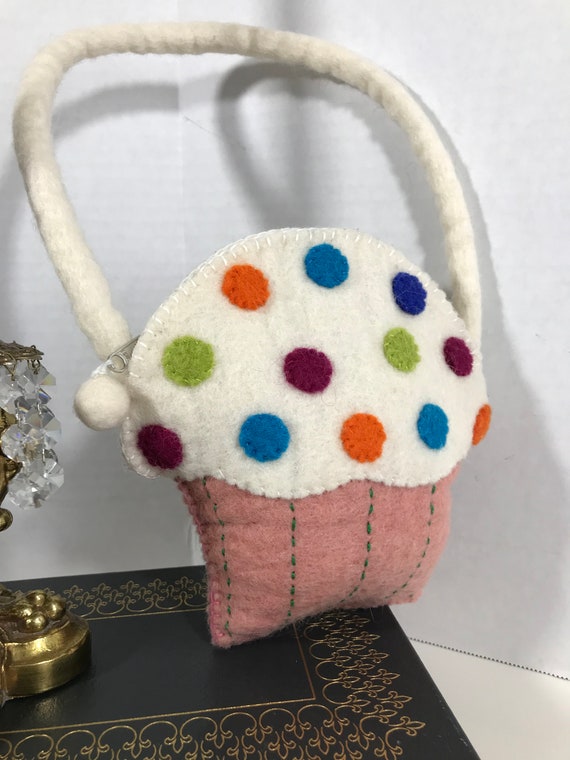 Whimsical artsy handbag, wool felted cupcake small