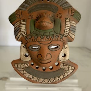 Vintage terracotta wall mask, hand-painted red clay pottery face, artisan Mexico wall decor in Mayan-style design image 9
