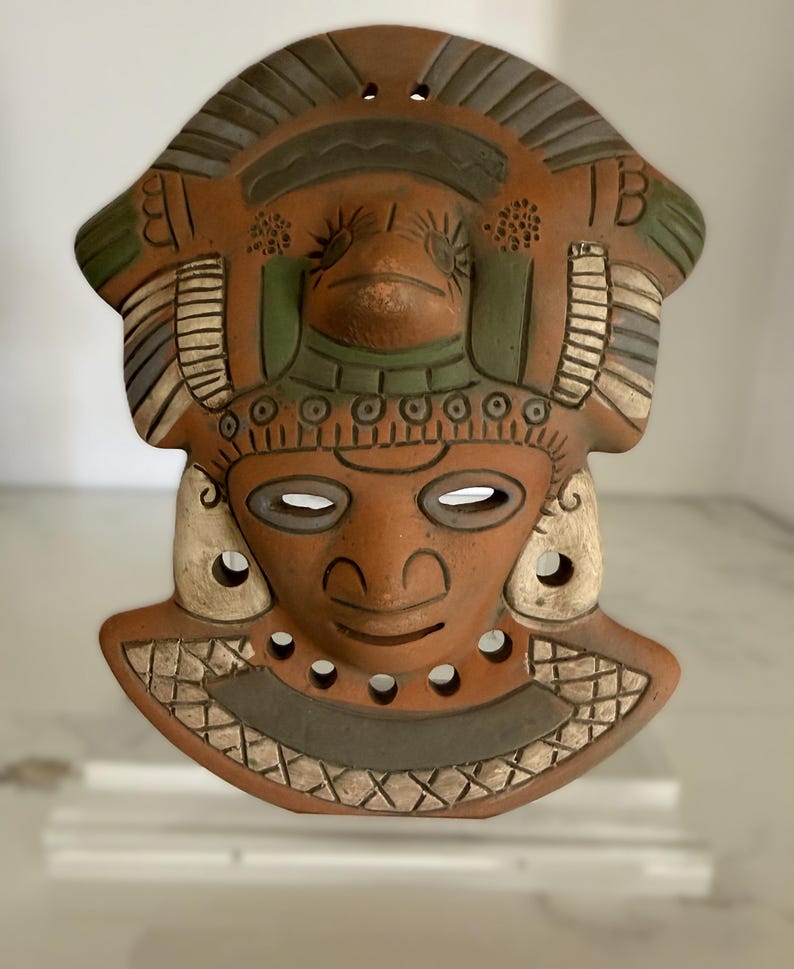 Vintage terracotta wall mask, hand-painted red clay pottery face, artisan Mexico wall decor in Mayan-style design image 9