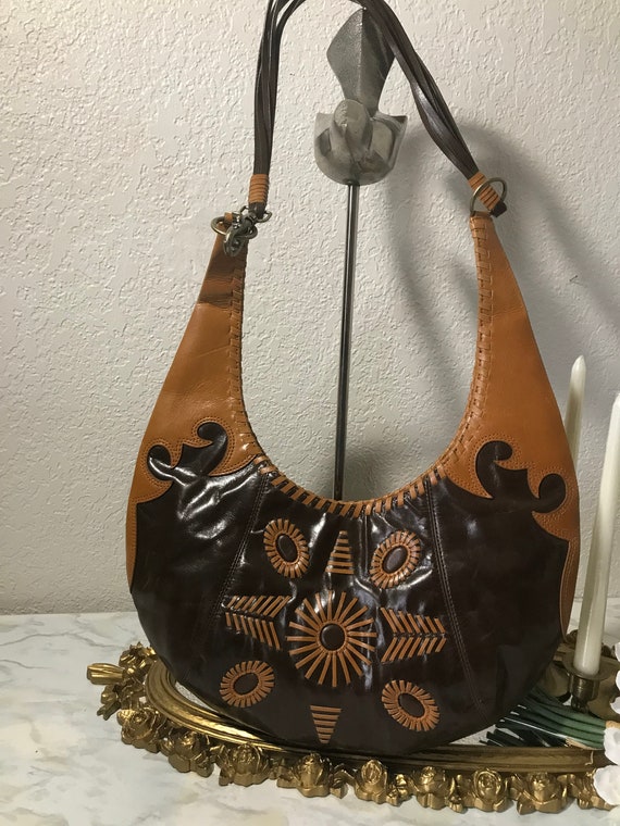 Vintage 90s Boho Style Leather Two Toned Western Look Purse 