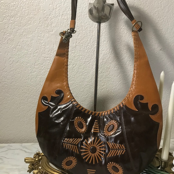 Vintage 90s Boho style leather two toned western look purse handbag, BCBGirls Vintage leather handbag purse, Vintage hippie leather purse