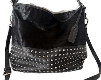 Aqua Madonna black leather and calf hair handbag with stud detail, genuine leather studded tote bag, large slouchy crossbody purse
