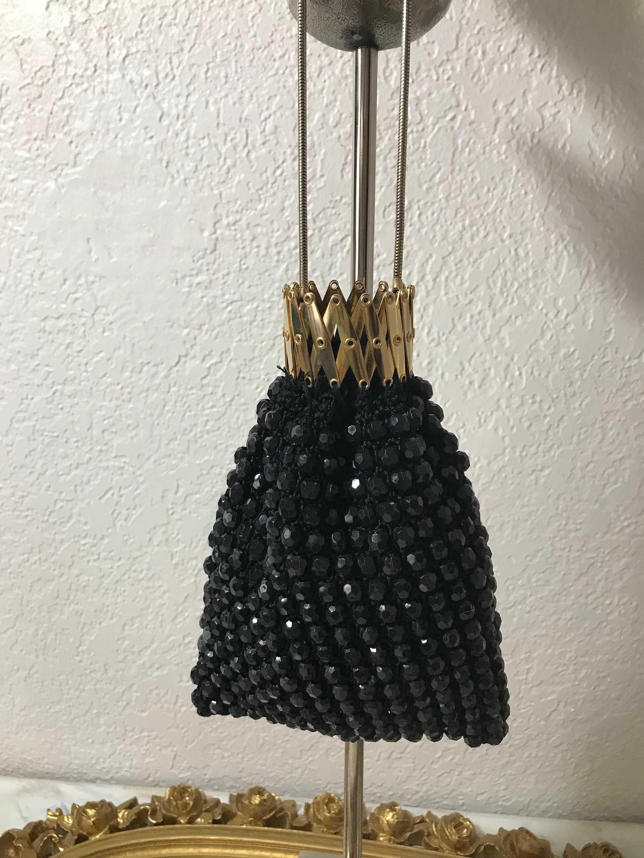 Vintage Black Beaded Handbag or Clutch, Pristine Condition, Hand Made in Japan with Italian Glass Beads, Sarne Import, 1960s