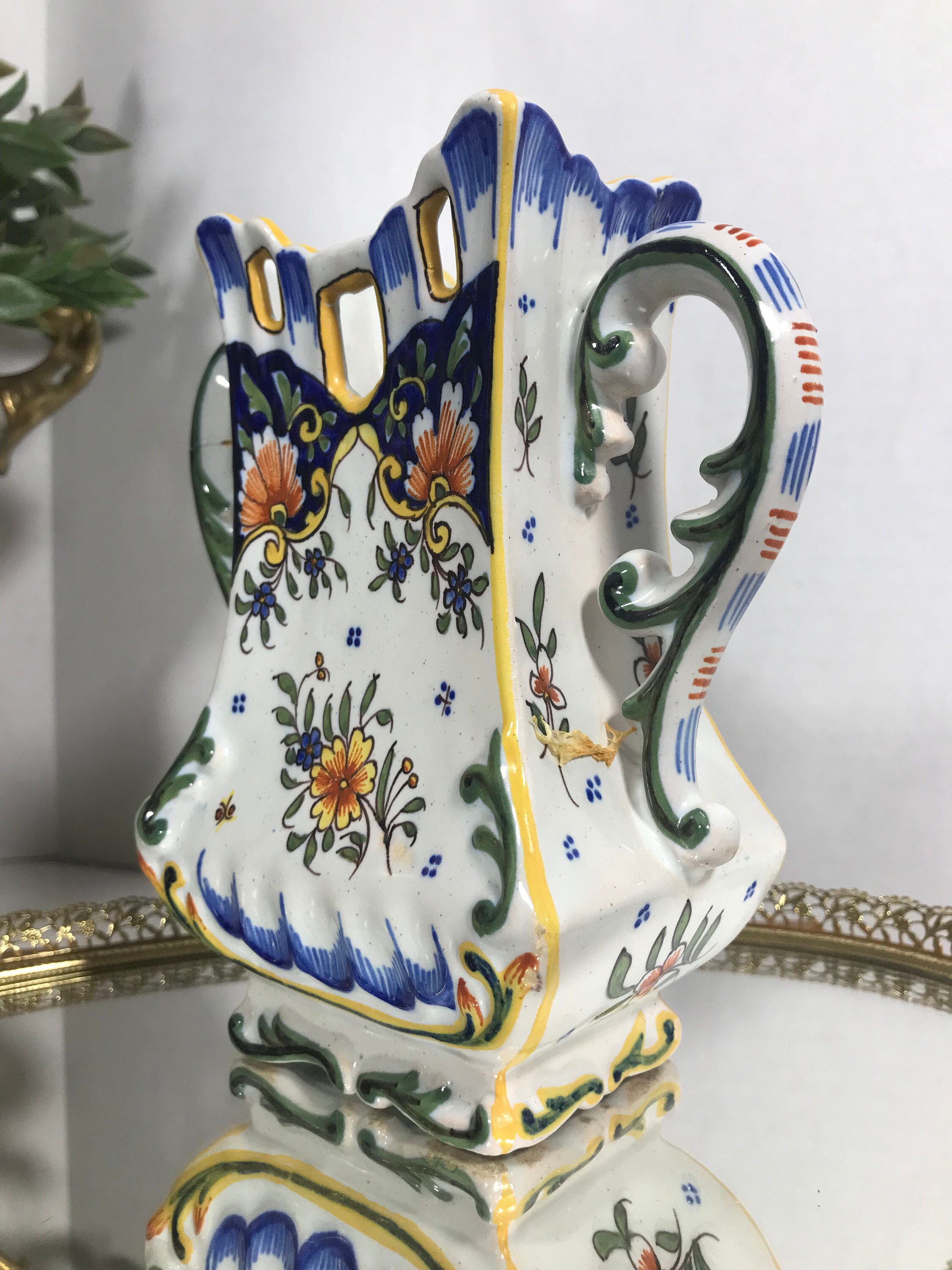 ヴィンテージ フランス ルーアン 陶器 花瓶、ヴィンテージ ルーアン 青