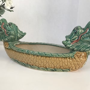 Vintage Ceramic Dragon Boat Planter with Foo Dog Ends – Asian-Inspired Glazed Centerpiece, Chinoiserie Decor