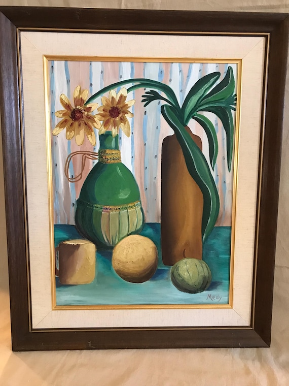Vintage 1970s Original Still Life Painting Signed Framed Floral