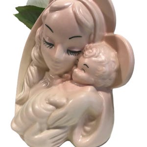 Jardinière rose vierge à l'enfant, poterie Hull vintage, jardinière rose en poterie Hull Vtg MCM, jardinière rose vintage en poterie de vase en céramique Hull des années 50