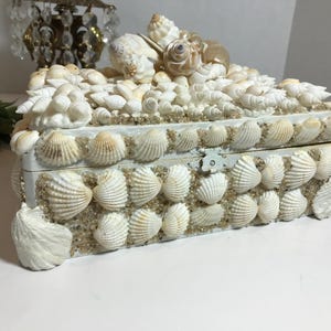 Unique seashell trinket box, seashell covered cigar box, handmade seashell box, shell decorative box, beach house decor, seashell decor