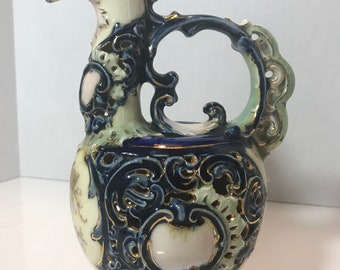Antique Zsolnay openwork glazed ceramic figural handled pitcher, Form 4343 figural 1891-1895 reticulated ceramic jug, Zsolnay figural vase