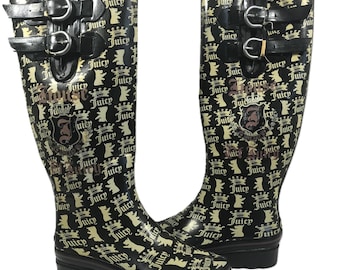 Juicy Couture black logo wellies, Juice Couture crown dog logo black rainboots, Juicy Couture Wellington black and beige rubber boots.
