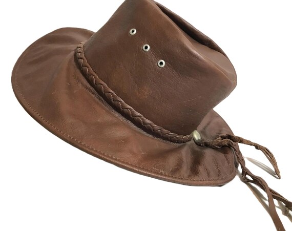 Vintage Brown Leather Safari Style Hat, Vintage Mexico Brown