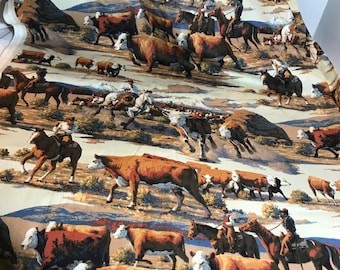 Vintage western style cowboy fabric, Vintage western cattle drive scene novelty cotton fabric, cowboys on the range kitschy fabric 5.8 yards