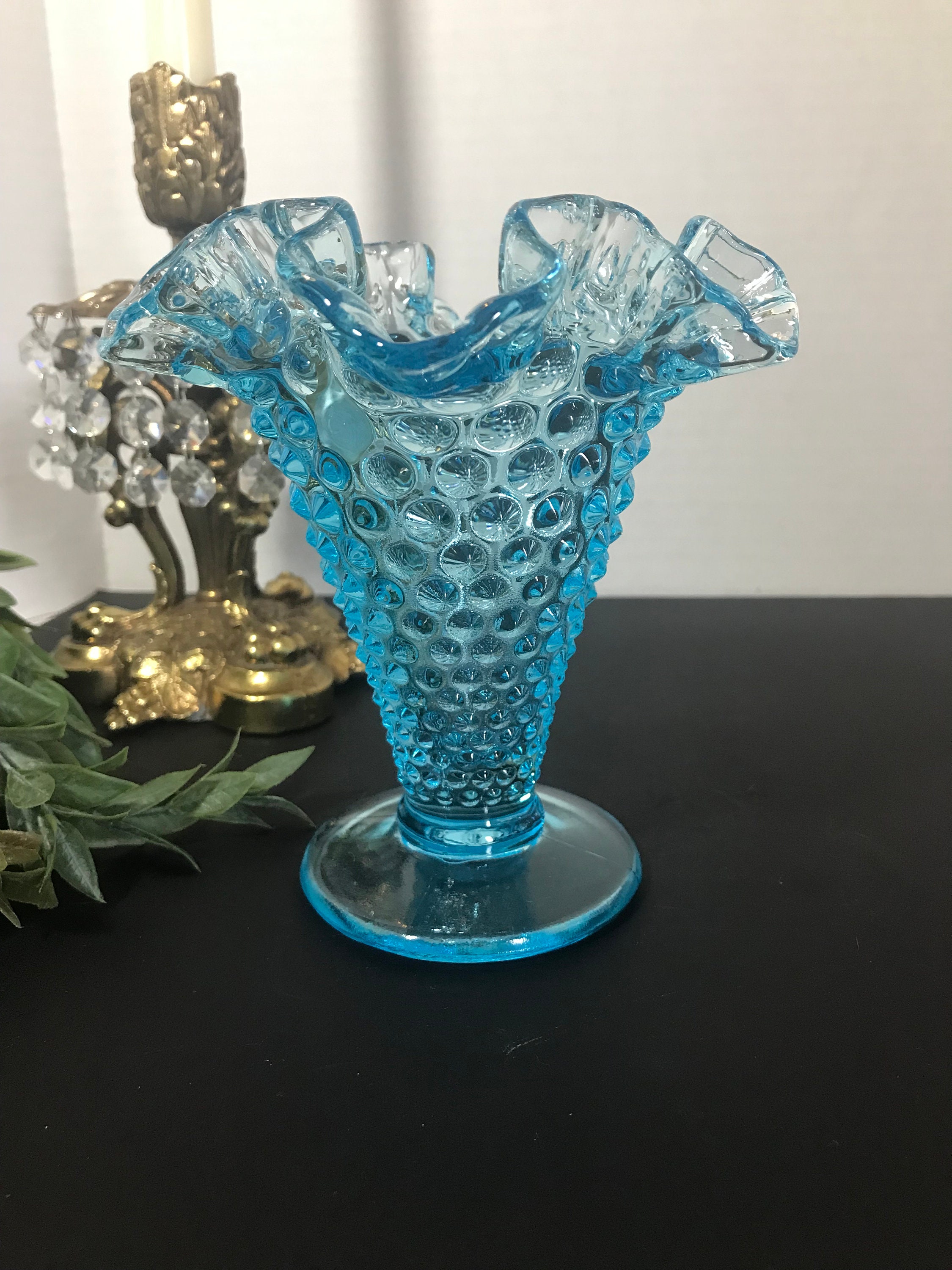 Vintage Fenton Blue Hobnail Vase, Fenton Pedestal Hobnail Blue Bud