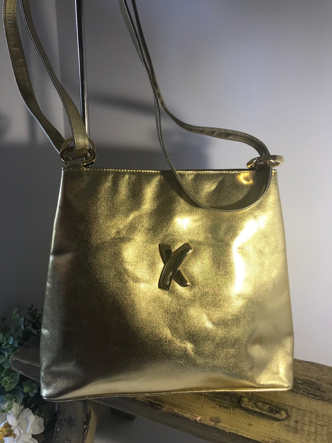 Vintage 80s Paloma Picasso Gold Lame Leather Handbag Purse, Vintage 80s