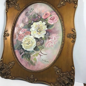 Vintage Gloria Curtis floral still life in ornate carved wood frame 22x26 signed original oil painting on canvas, original floral painting