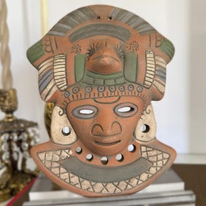 Vintage terracotta wall mask, hand-painted red clay pottery face, artisan Mexico wall decor in Mayan-style design image 8