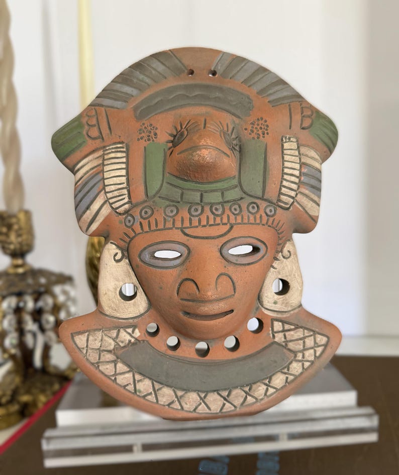 Vintage terracotta wall mask, hand-painted red clay pottery face, artisan Mexico wall decor in Mayan-style design image 8