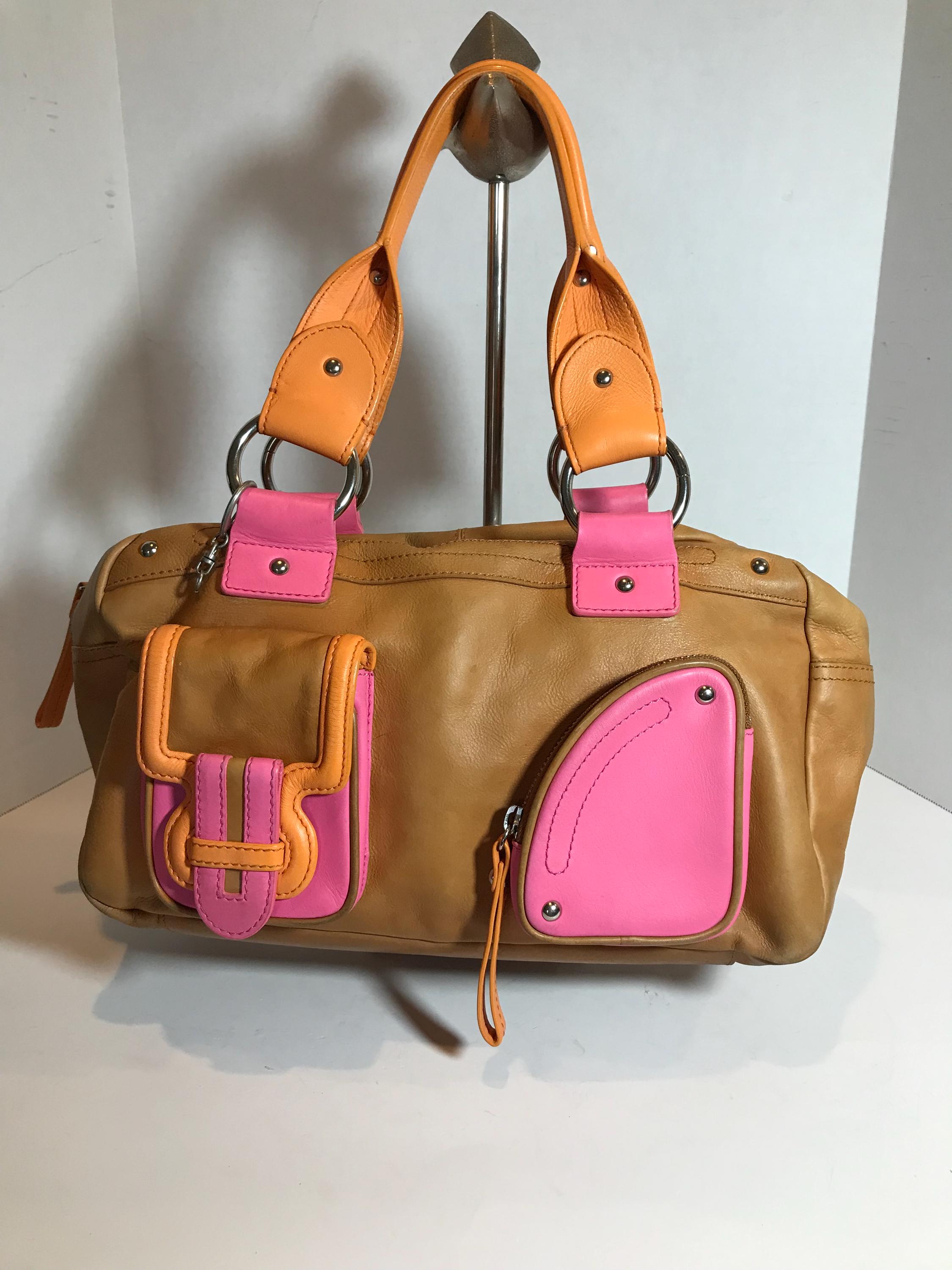 Vintage Kate Landry Purse Kate Landry Natural Soft Leather Handbag Purse with Vibrant Orange and Pink Details Kate Landry Unique Bag Purse