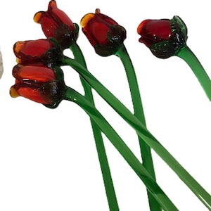 Vintage long stem glass red rose, Vintage red glass rose with green glass long stem, elegant red and green glass long stem rose