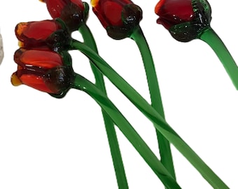 Vintage long stem glass red rose, Vintage red glass rose with green glass long stem, elegant red and green glass long stem rose