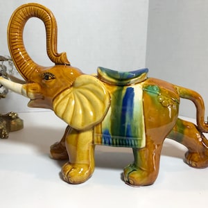 Vintage Colorful Glazed Elephant Statue – Mid-Century Pottery Curled Trunk Figurine, Yellow Ceramic Elephant Sculpture, Good Luck Elephant