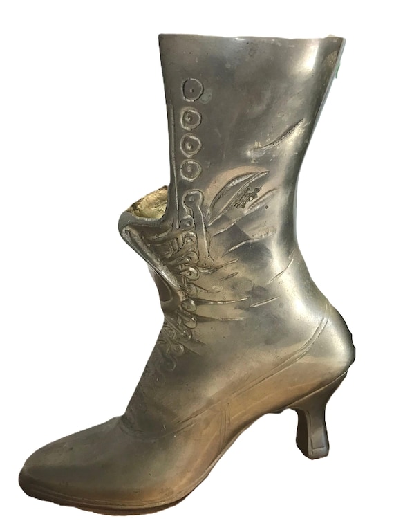 Vintage Solid Brass Victorian Boot Vase, Heavy Brass Lace-Up Shoe Sculpture