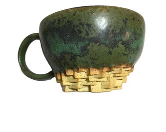 Vintage very unique studio pottery ceramic coffee cup, sculptural art pottery mug with glazed green finish and textured ceramic details
