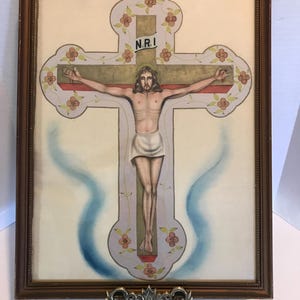 Antique religious artwork featuring a striking depiction of Jesus on the cross, Regligous wall art, Antique expressive Christ original art