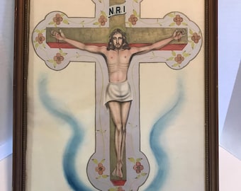 Antique religious artwork featuring a striking depiction of Jesus on the cross, Regligous wall art, Antique expressive Christ original art