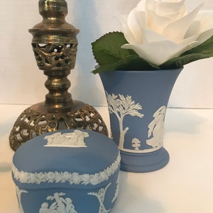 Wedgwood vase and trinket box, Wedgwood ring box, Wedgwood bud base, blue and white decor, blue neoclassic vase and trinket box set