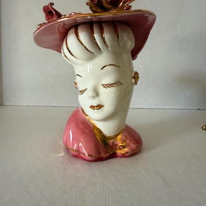 Vintage 1950s Lady Head Planter, Pink & Gold Glamour Girl Ceramic Vase, Mid Century Pin Up Girl Planter